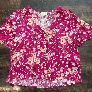 Sezane Dira floral ruffle hot pink tapestry v neck button  blouse shirt 44 us 12